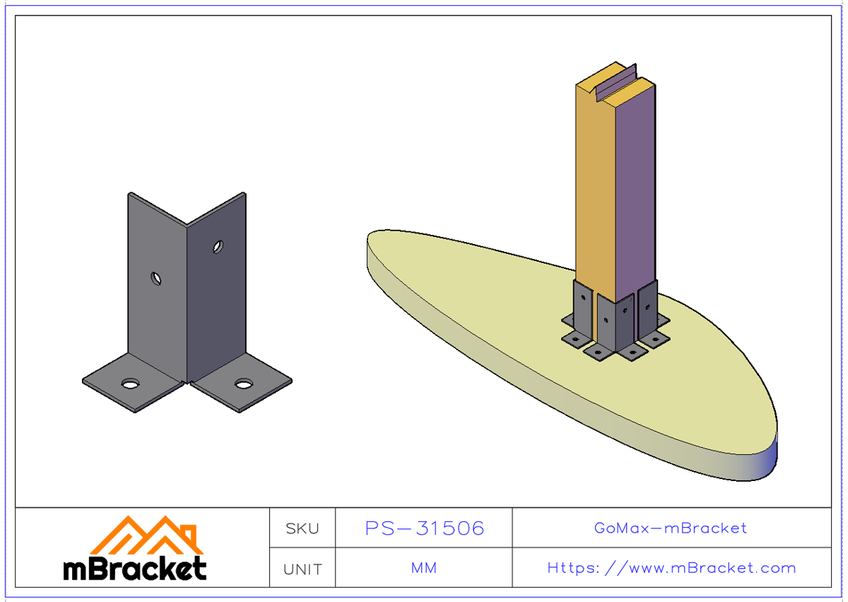 Square Post Base Connector Split Column Shoe Steel Structure Base - 3*60*60*150 Application Example