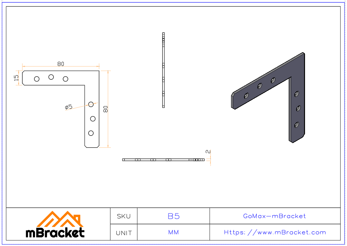 Flat Angle Bracket 90-Degree Connector - 2*80*80 Product Dimensions