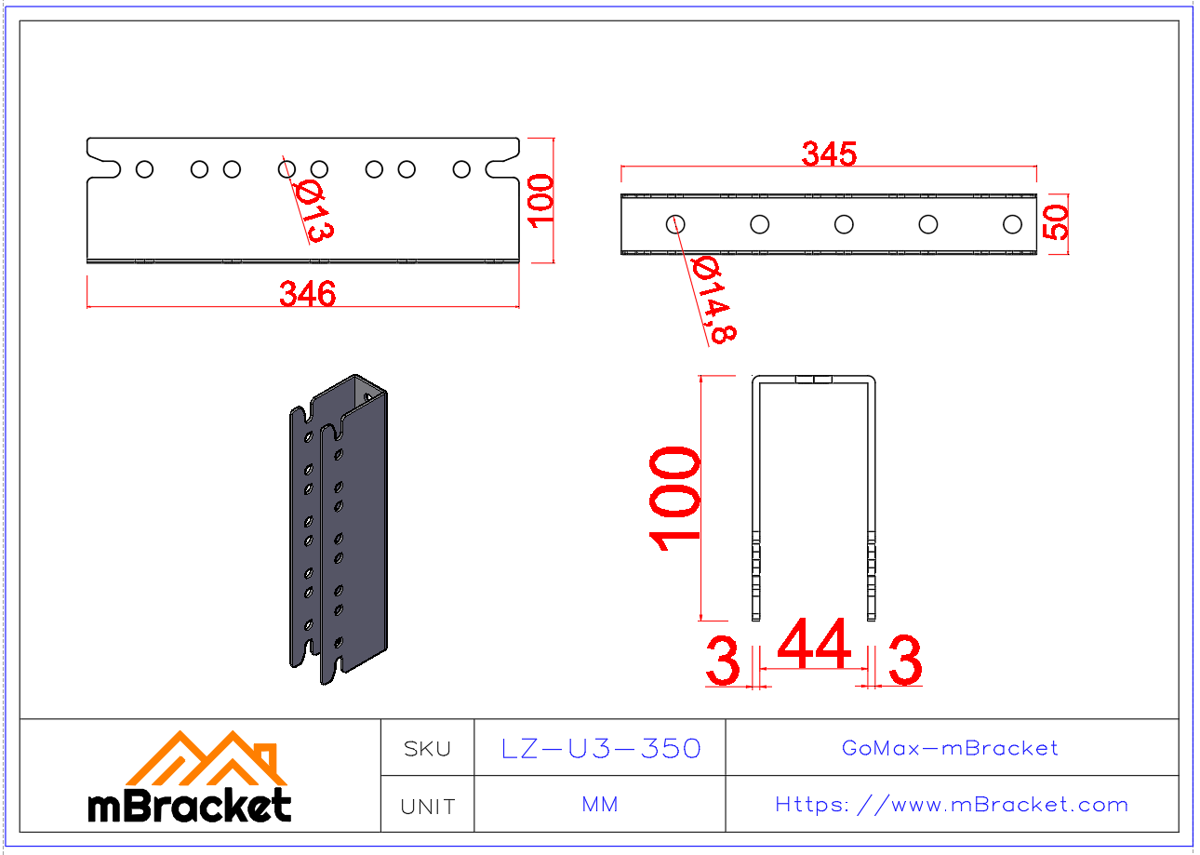 Concealed U-Shaped Beam-to-Column Connector for Japanese Timber Construction - 3*50*345 Product Dimensions