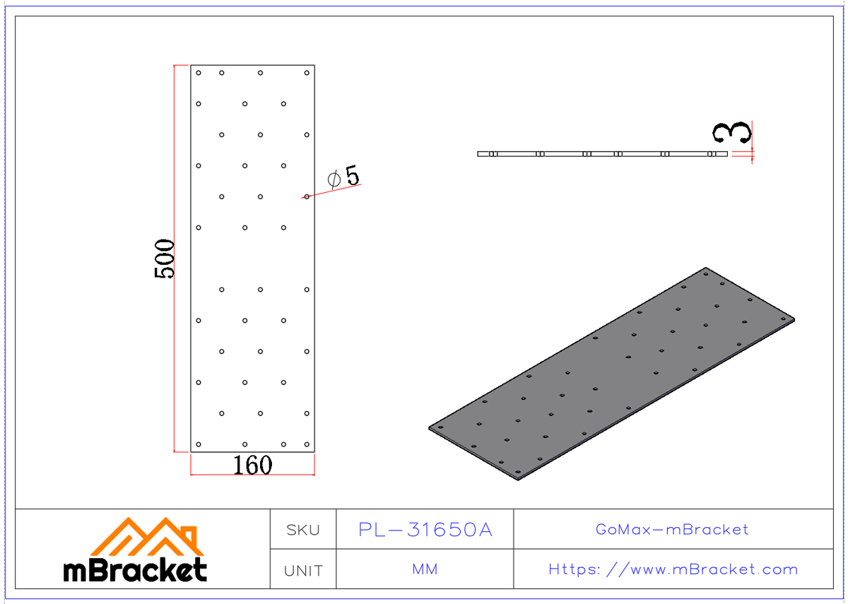 Flat Connector Plate, Nail Plate, Truss Connector, Wood Roof Metal Hardware - 3*160*500 Product Dimensions