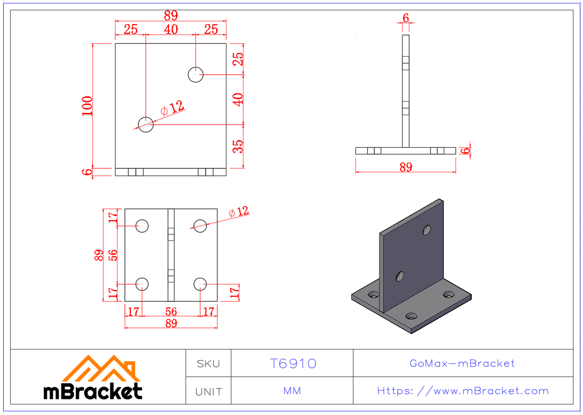 T-Shaped Post Base Concealed Angle Bracket Wood Structure Column to Ground Connector Hardware - 6*89*89*100 Product Dimensions