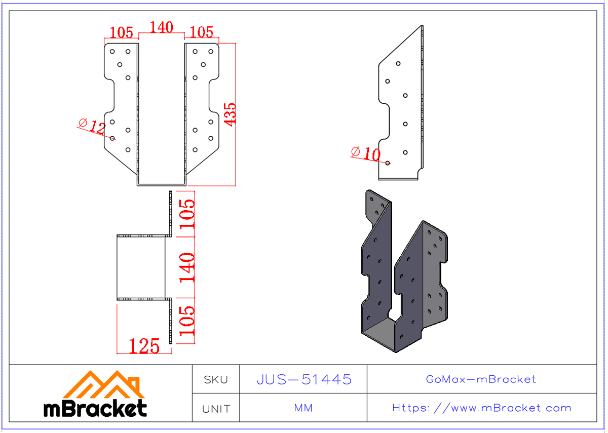 Heavy-Duty Joist Hanger Glulam Connector Timber Reinforcement Hardware - 5*140*430 Product Dimensions