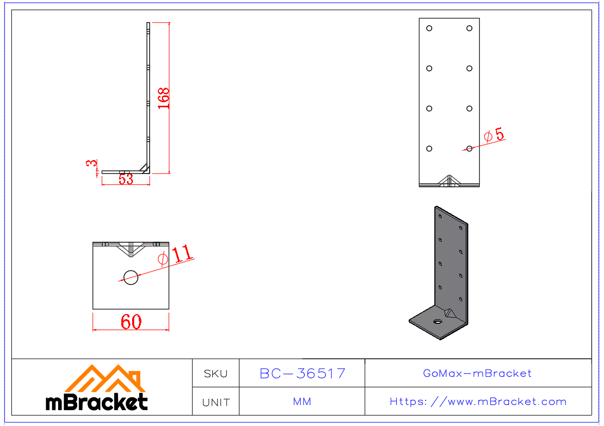 Light Gauge Uplift Connector / Light Steel Angle Bracket - 3*60*50*170 Product Dimensions