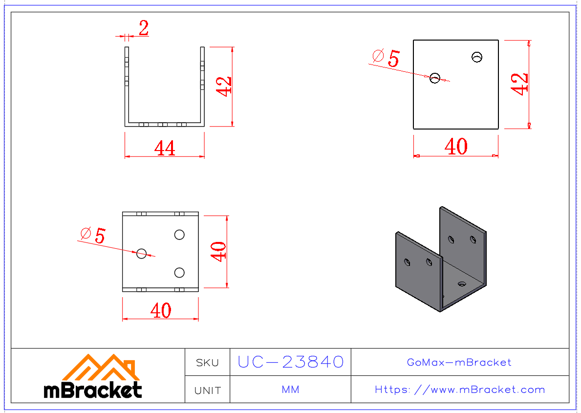 U-Connector for Wood Structure Connections - 2*38*40*42 Product Dimensions