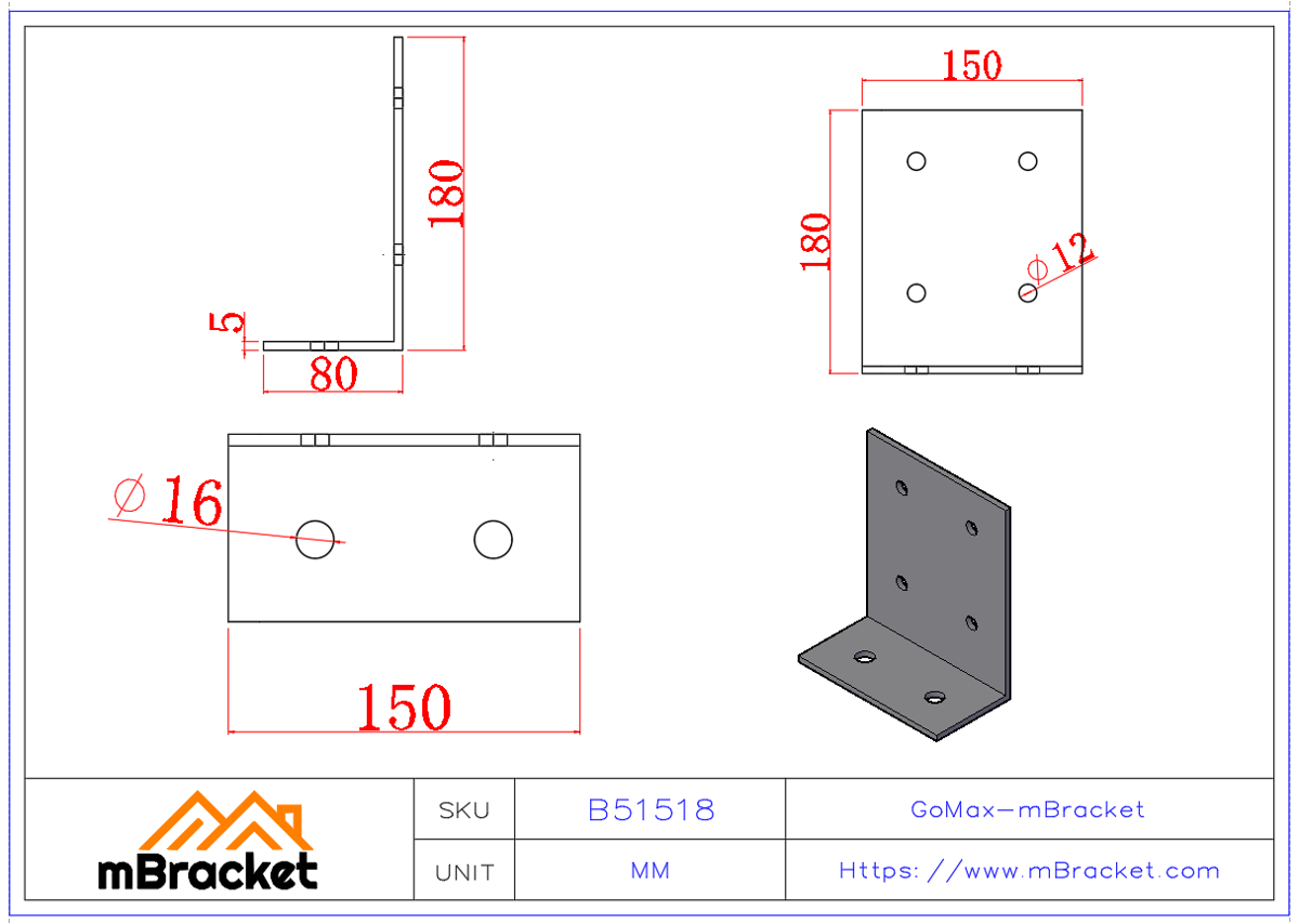 Heavy-Duty Thickened Angle Bracket Steel Structure Angle - 5*150*80*180 Product Dimensions