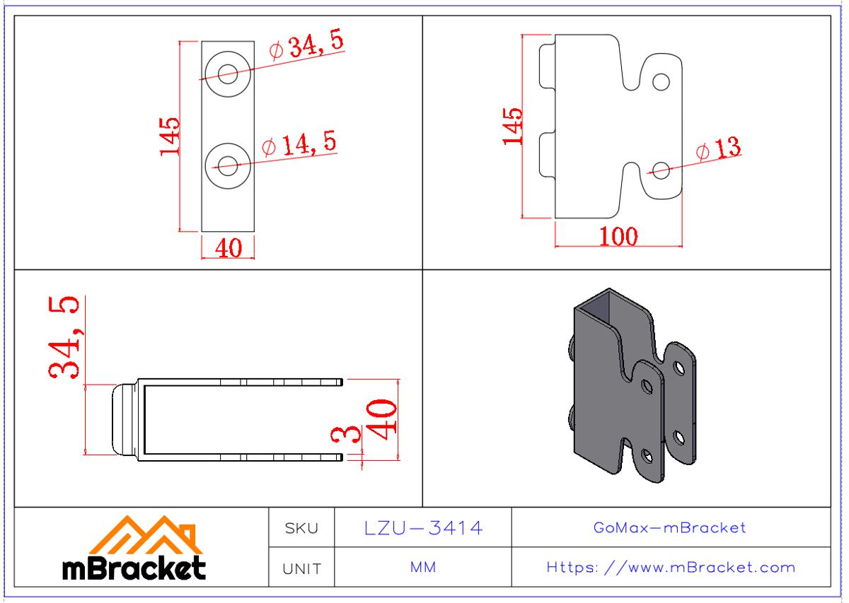 Beam-to-Column U-Shaped Concealed Connector, Japanese-Style Structural Hardware - 3*40*145*100 Product Dimensions