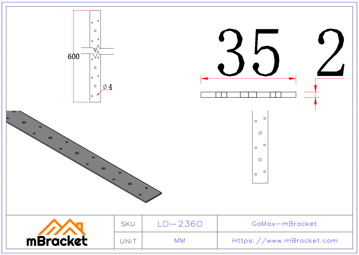 Wind-Resistant Strap, Hurricane Tie for Wood Houses, Metal Connector for Timber Structures - 2*35*600 Product Dimensions