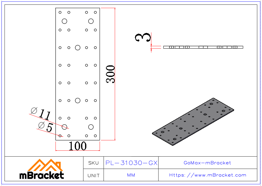 Flat Beam Connector Plate for Steel and Wood Structure Reinforcement - 3*100*300 Product Dimensions