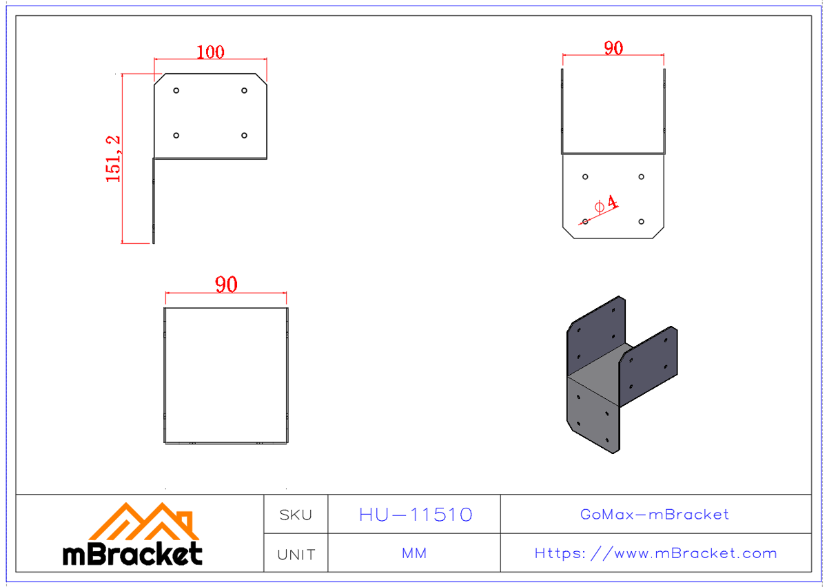 HU Type Light Steel Connector Wall-to-Truss Connector - 1.2*150*100 Product Dimensions