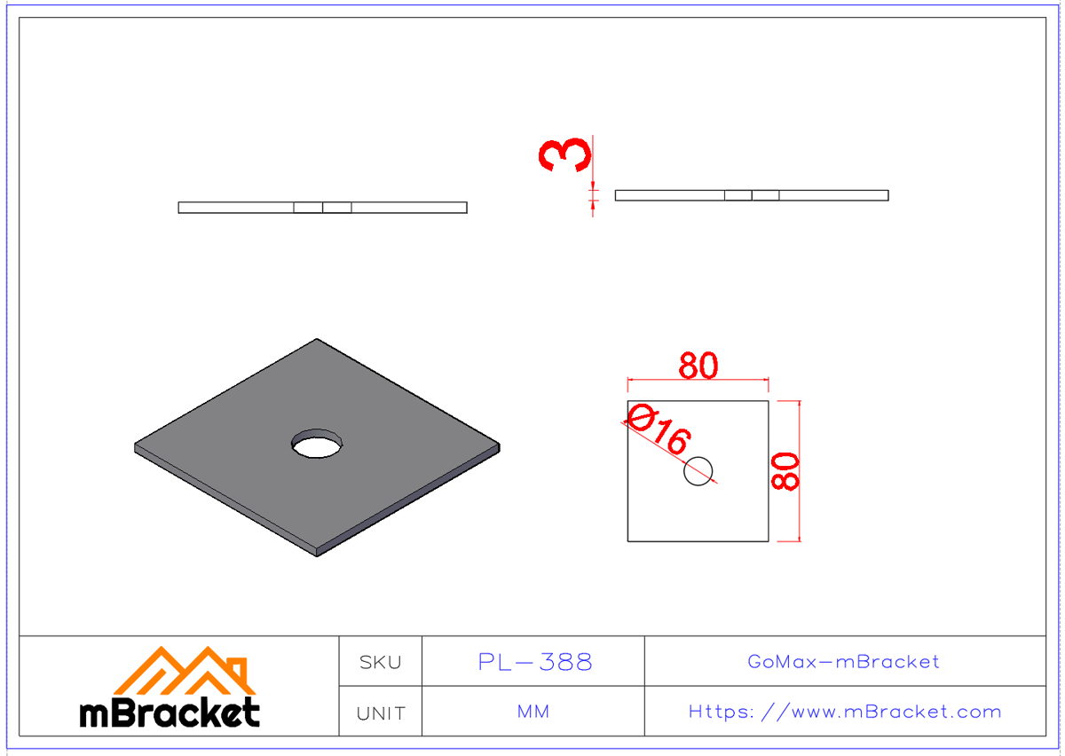 Square Flat Washer, Oversized Thick Washer, Structural Steel Washer - 3*80*80 Product Dimensions