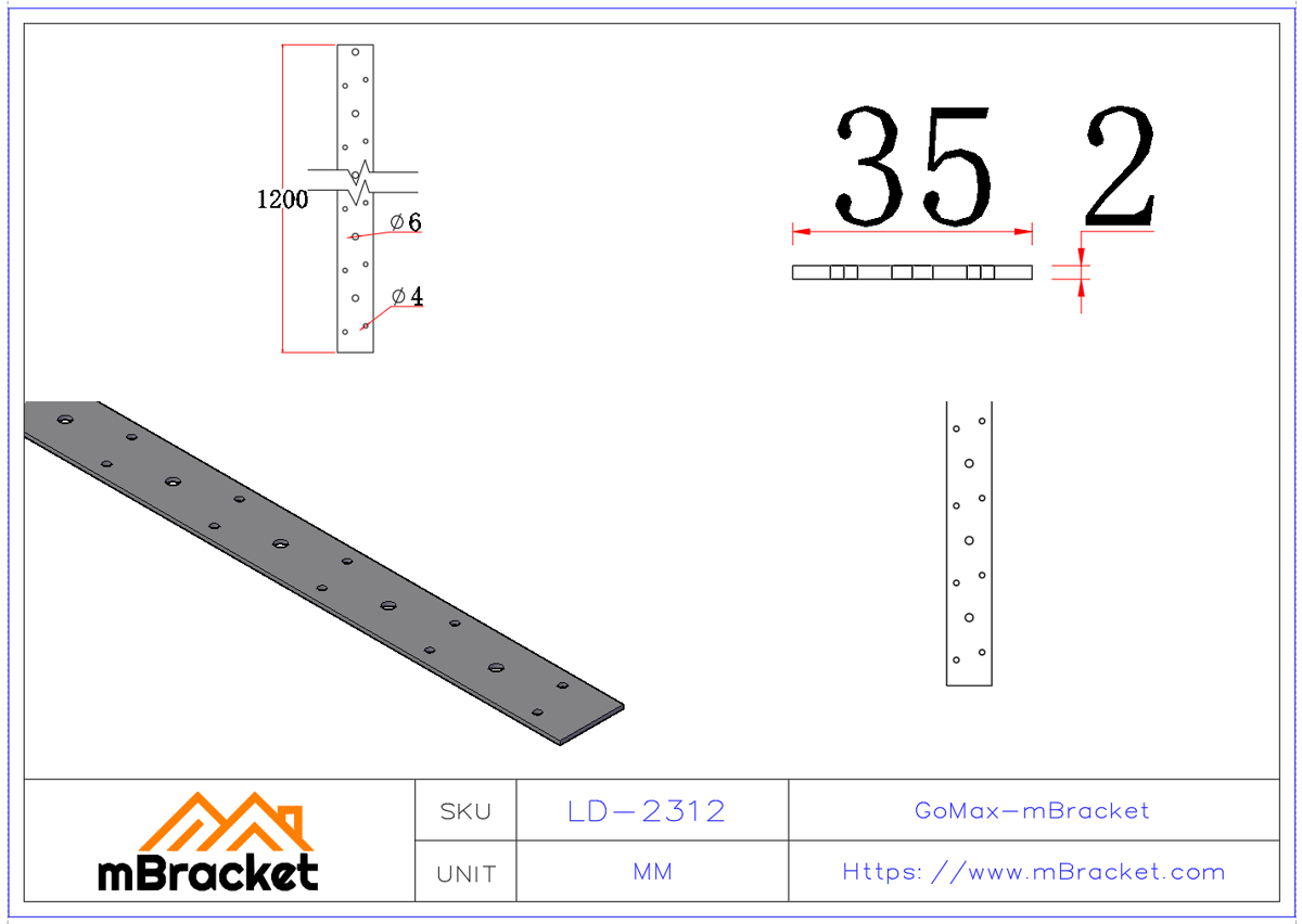 Wind-Resistant Tie for Wood and Light Steel Structures - 2*35*1200 Product Dimensions