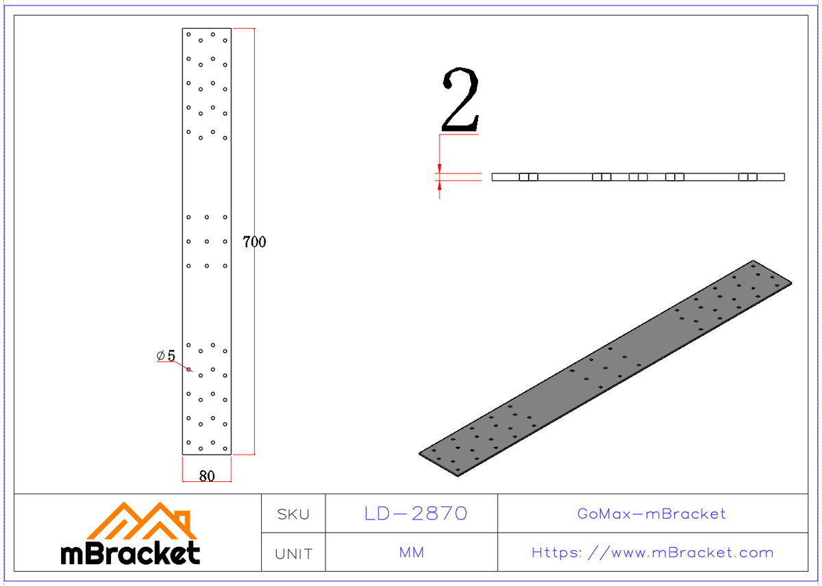 Light Steel Strap, Floor Strap, Timber House Strap, Wind and Seismic Strap - 2*80*700 Product Dimensions