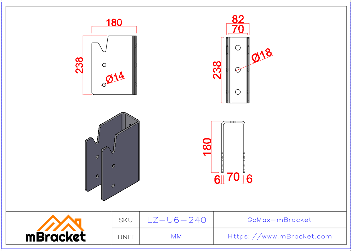 Concealed U-Shaped Beam-to-Column Connector for Japanese Timber Construction - 6*82*238 Product Dimensions