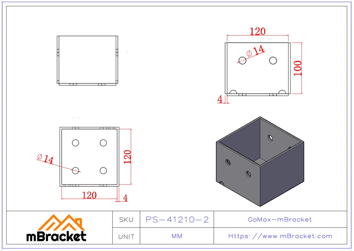 Square Post Base Column Base Connector Concrete Post Base - 4*120*120*100 Product Dimensions