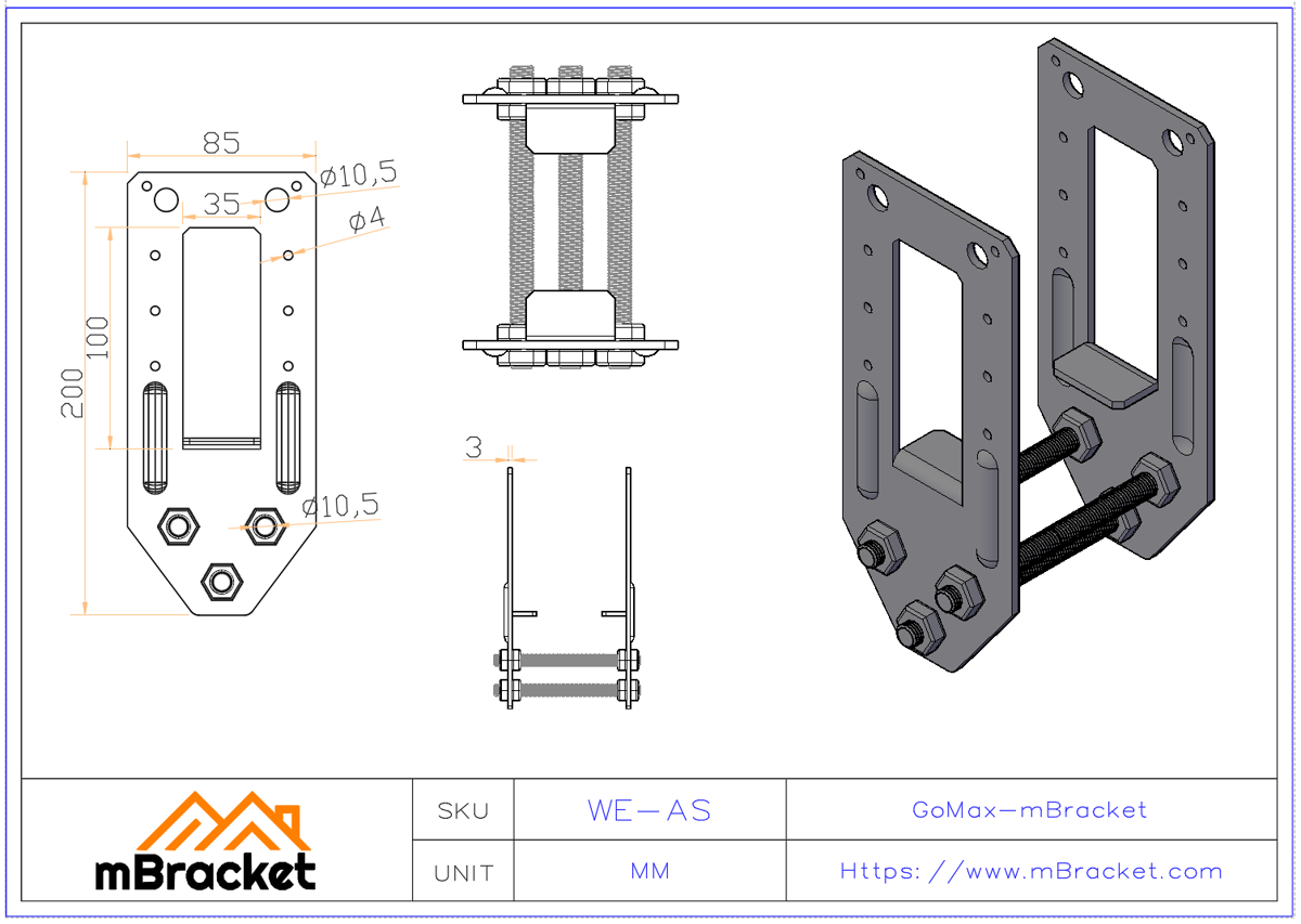 Adjustable Embedded Post Base Connector - 3.0*85*200 Product Dimensions