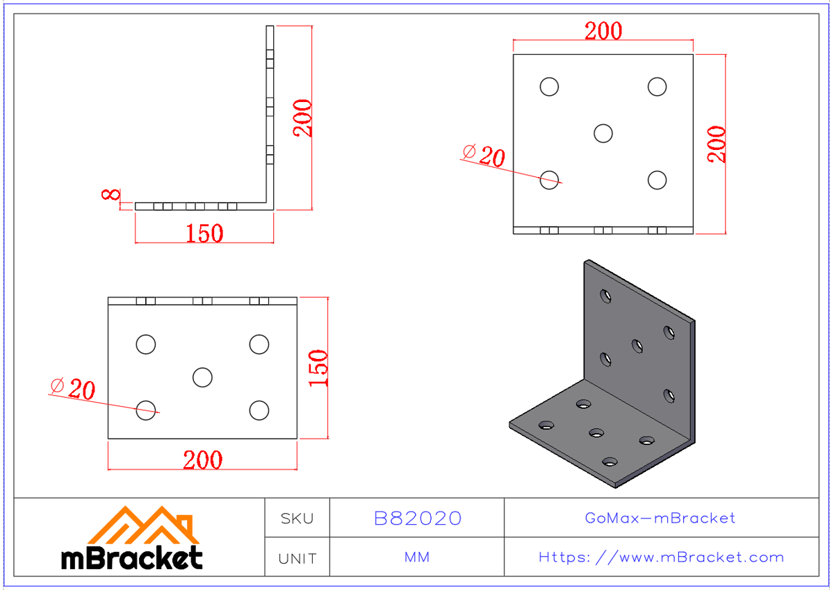 Heavy-Duty Angle Bracket Wood Structure Reinforcement Connector - 8*200*150*200 Product Dimensions