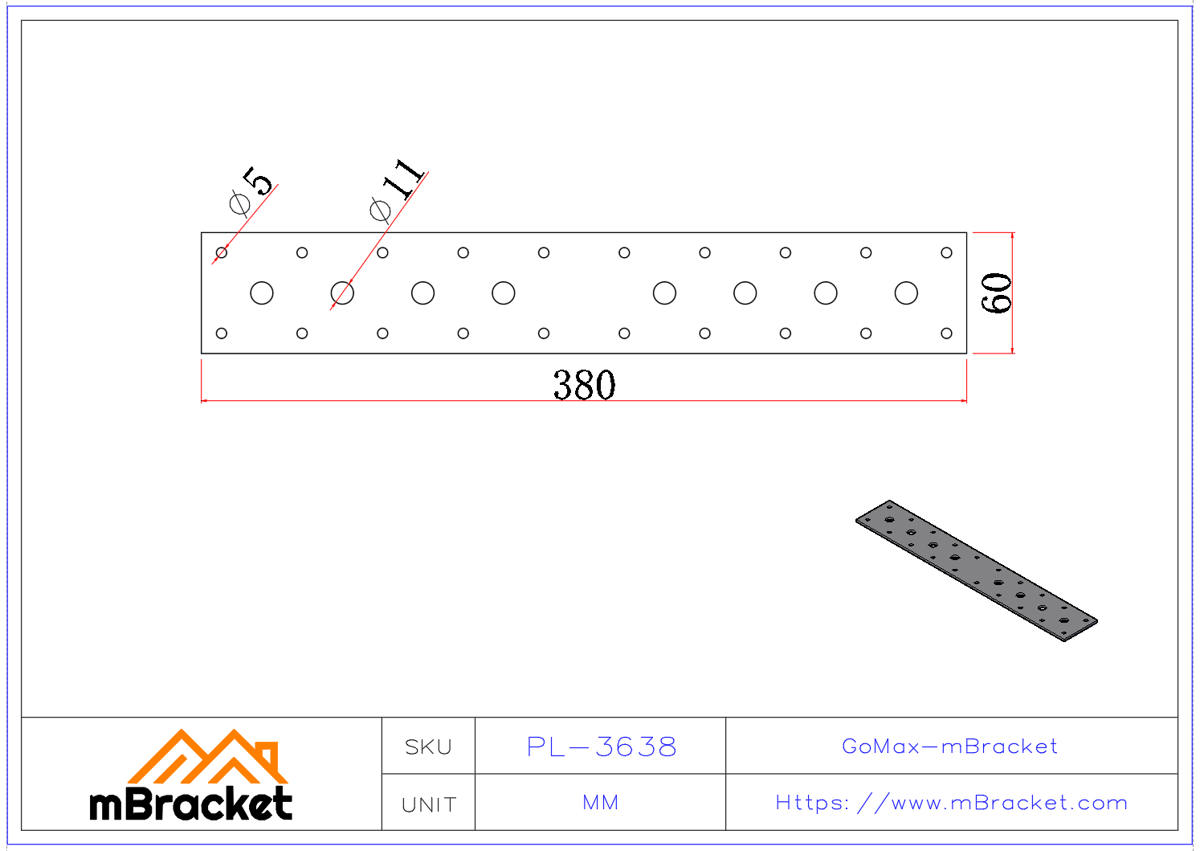 Flat Connector Plate, Nail Plate, Truss Connector, Wood Roof Metal Hardware, Wood Splice Connector - 3*60*380 Product Dimensions