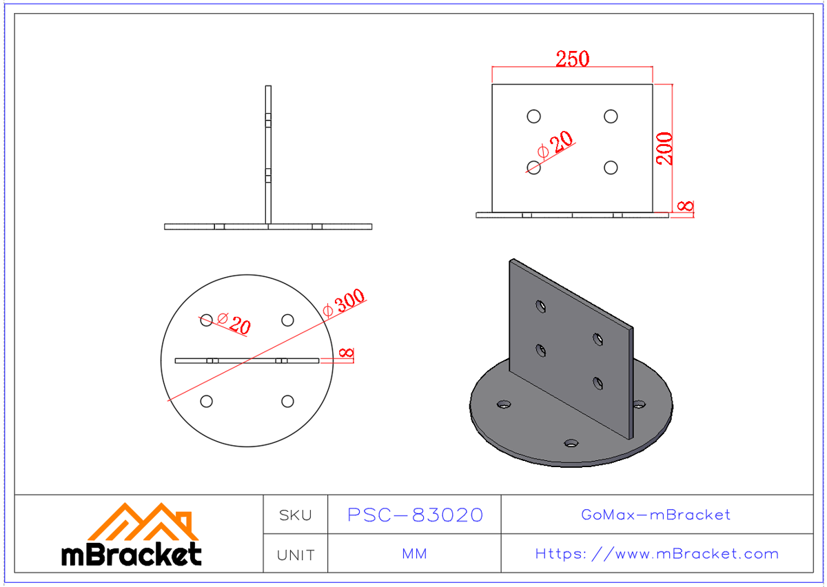 Round Post Base T-Connector Concealed Post Connector - 8*300*200 Product Dimensions