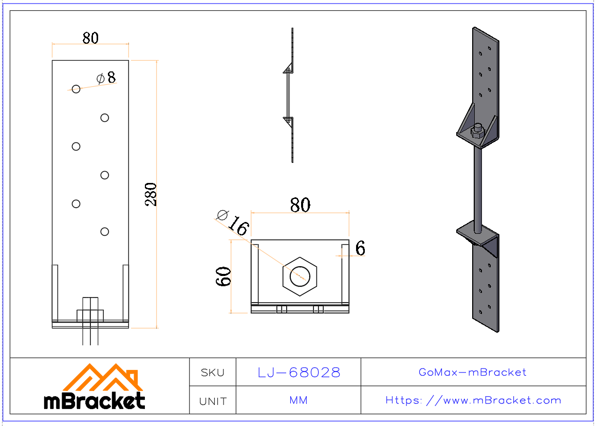 Floor Tie, Wind and Seismic Connector, Timber Connector - 6.0*80*280 Product Dimensions