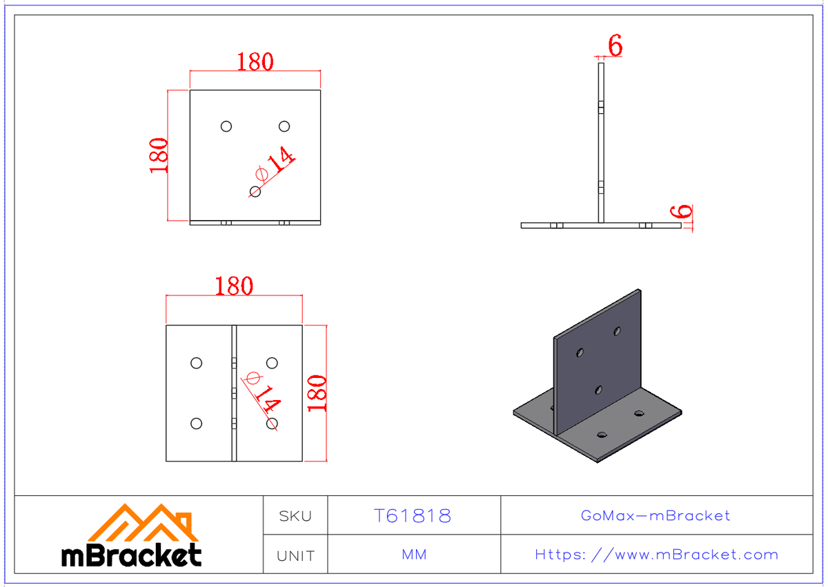 T-Shaped Post Base Concealed Large Angle Bracket Post-to-Concrete Connector - 6*180*180 Product Dimensions