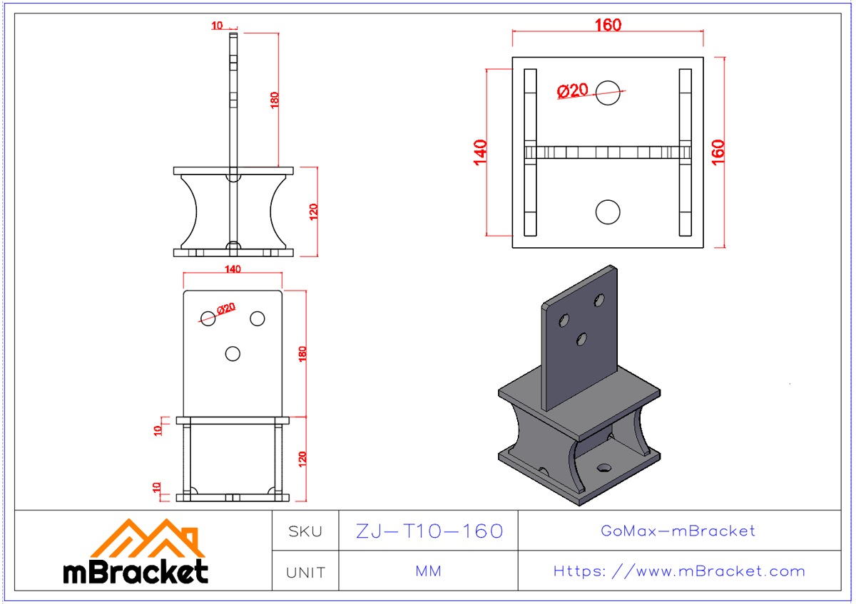 Japanese Concealed T-Type Beam-to-Column Connector, Timber Structure Building Hardware - 10*160*160*265 Product Dimensions