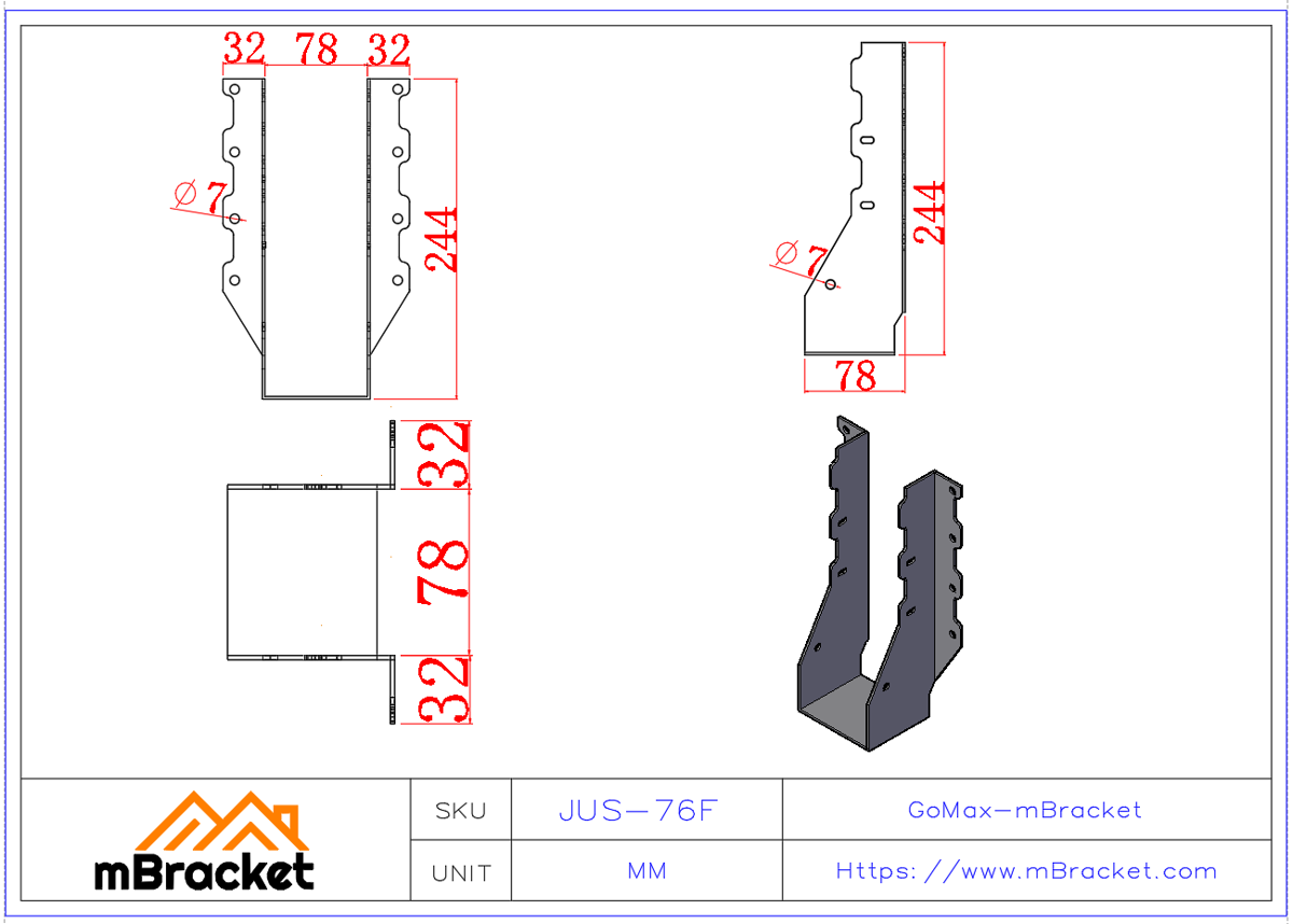 Joist Hanger U-Bracket Wood Structure Villa Metal Accessories - 2*76*244 Product Dimensions