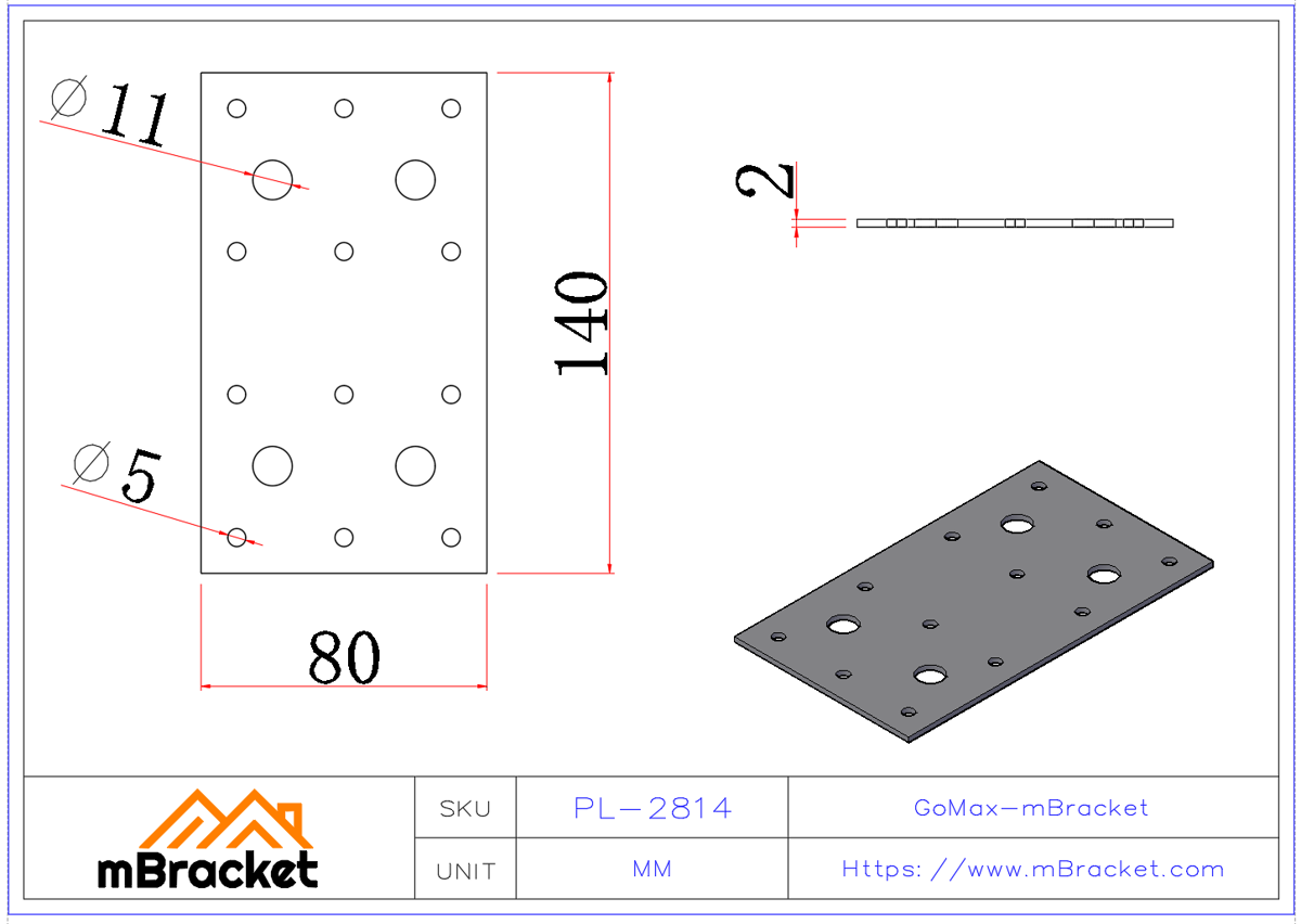 Flat Beam Connector - Timber Structure Villa Metal Accessories - 2*80*140 Product Dimensions
