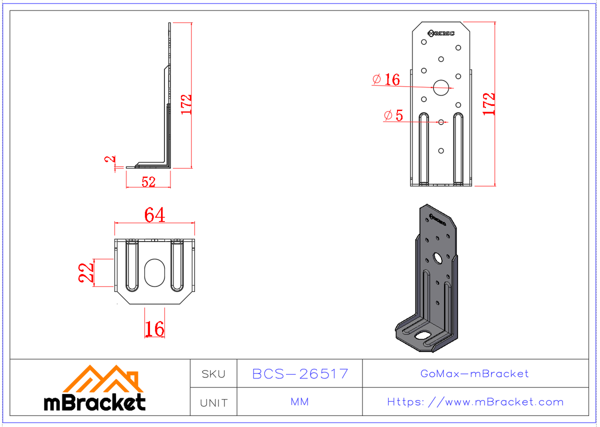 Light Steel Uplift Connector / Light-Duty Uplift Connector - 2*64*52*172 Product Dimensions