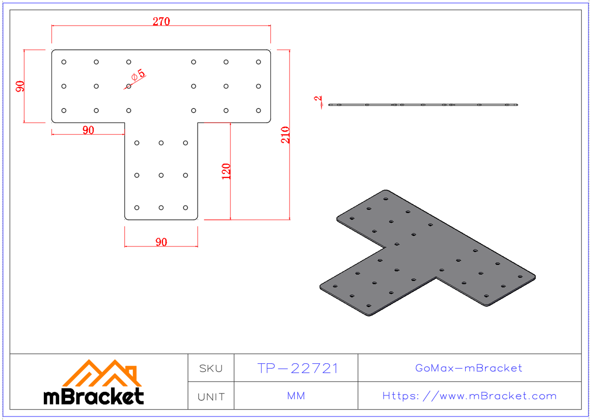T-Connector for Beam-to-Column Connections, Wood and Light Steel Structure Hardware - 2*90*270*210 Product Dimensions