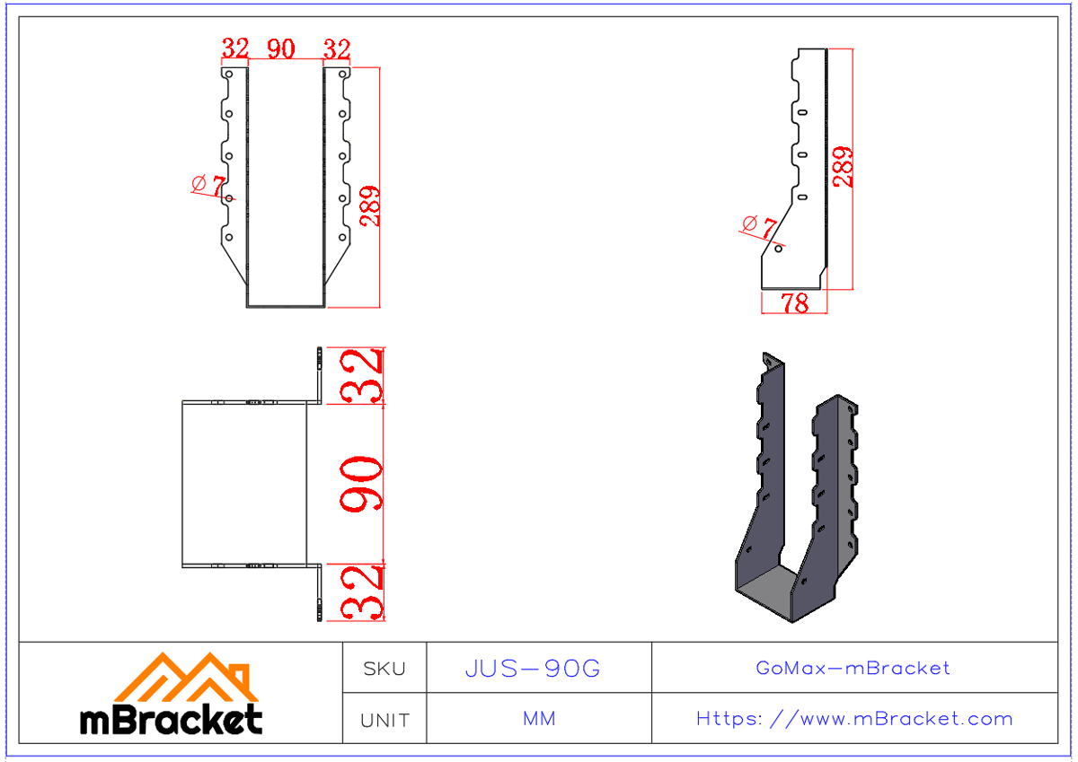 Joist Hanger - U-Bracket for Horizontal Connection of Joists and Beams, Timber Connector - 2*90*289 Product Dimensions