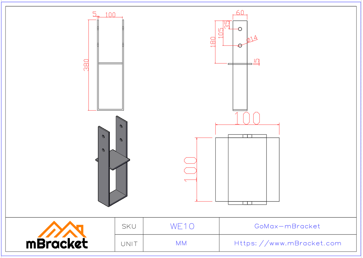 Fixed Column Embedment Base, Column Base Connector, Steel Structure Embedded Base - 5*100*380 Product Dimensions