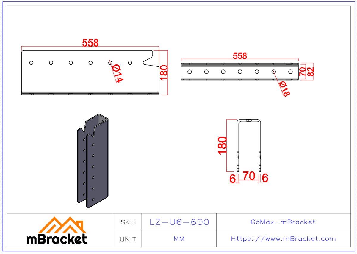 Concealed U-Shaped Beam-to-Column Connector for Japanese Timber Frame Construction - 6*82*558 Product Dimensions