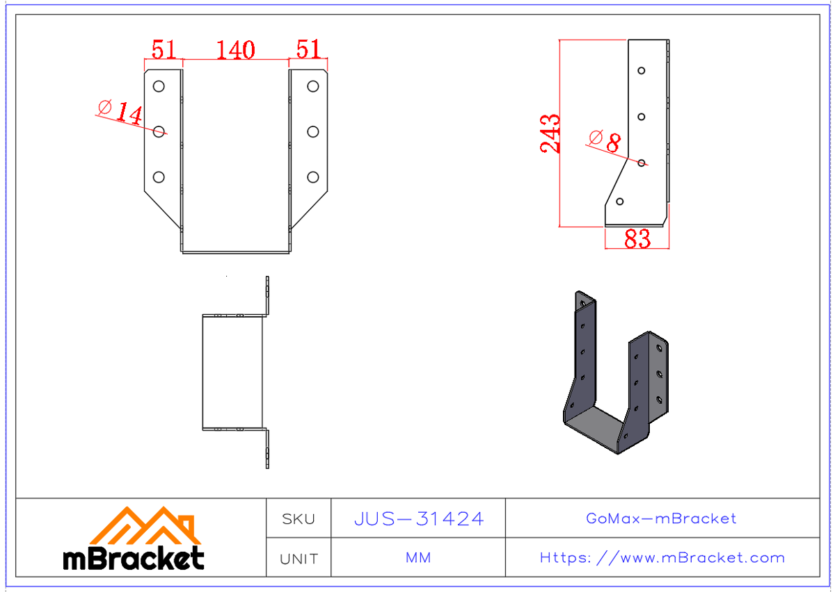 Custom Joist Hanger for Wood and Light Steel Connections - 3*140*240 Product Dimensions