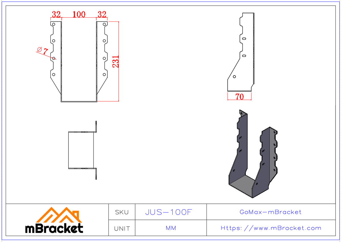 U-Shaped Joist Hanger, Timber Beam Connector, Large Wood Structure Connector - 2*100*231 Product Dimensions