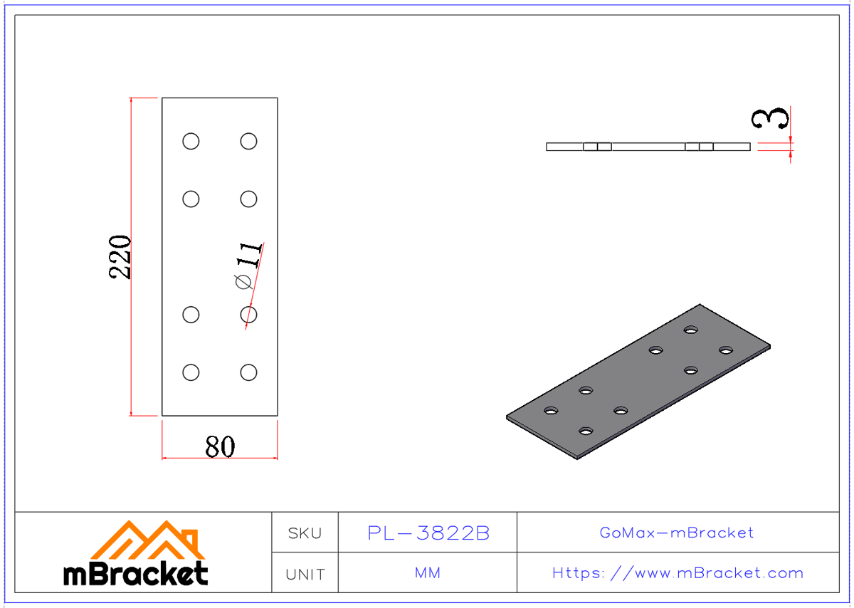 Flat Connector Plate Nail Plate Truss Connector Wood Roof Metal Hardware - 3*80*220 Product Dimensions