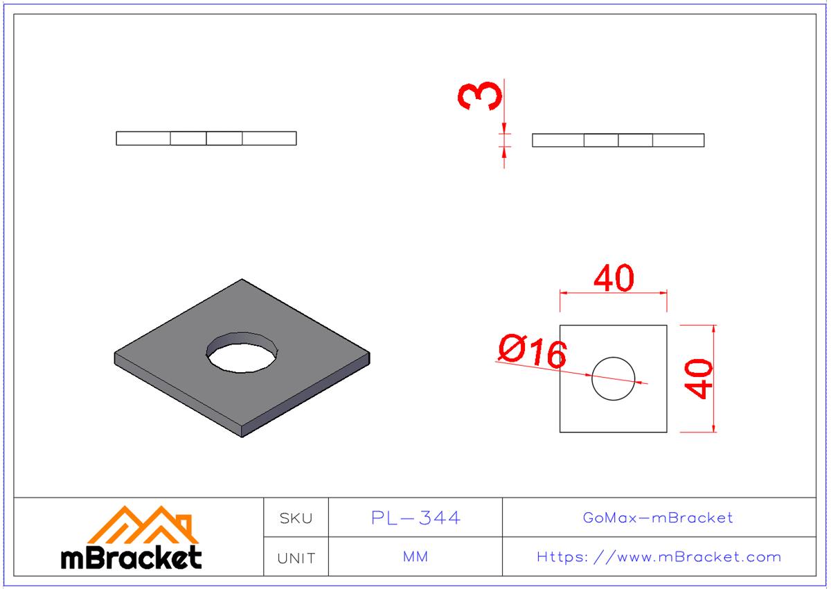 Square Flat Washer, Oversized Thick Washer, Structural Steel Washer - 3*40*40 Product Dimensions