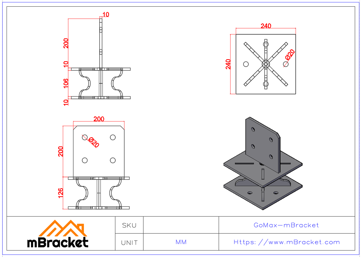 Glulam Column Base Connector, Timber Post Base Hardware - 10*240*240*326 Product Dimensions