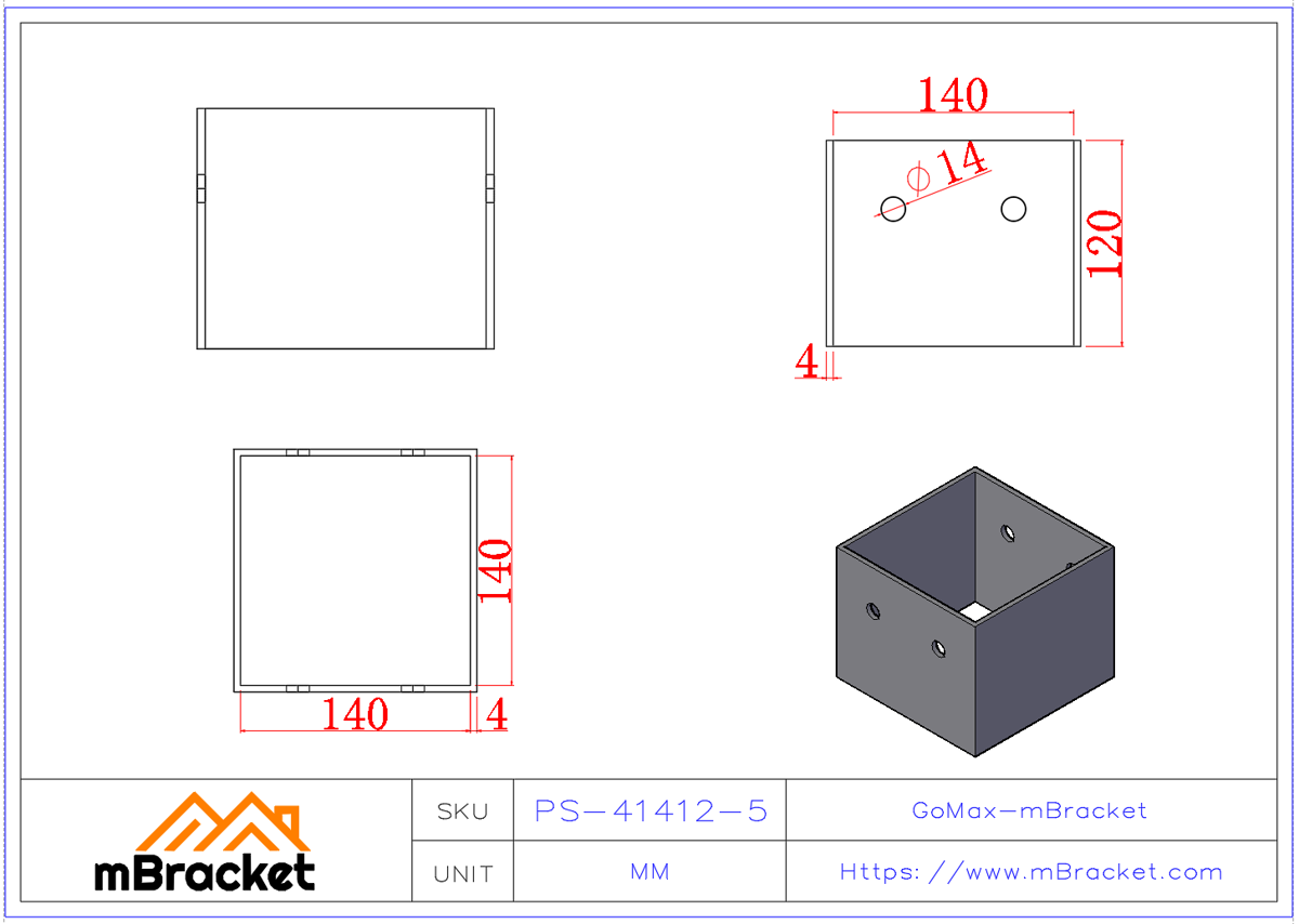Square Column Base Connector, Column Shoe, Welded Type without Base Plate - 4*140*140*120 Product Dimensions