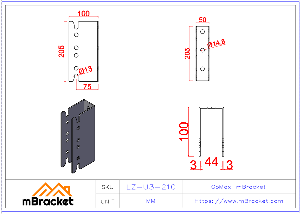 Concealed U-Shaped Beam-to-Column Connector for Japanese Timber Construction - 3*50*205 Product Dimensions