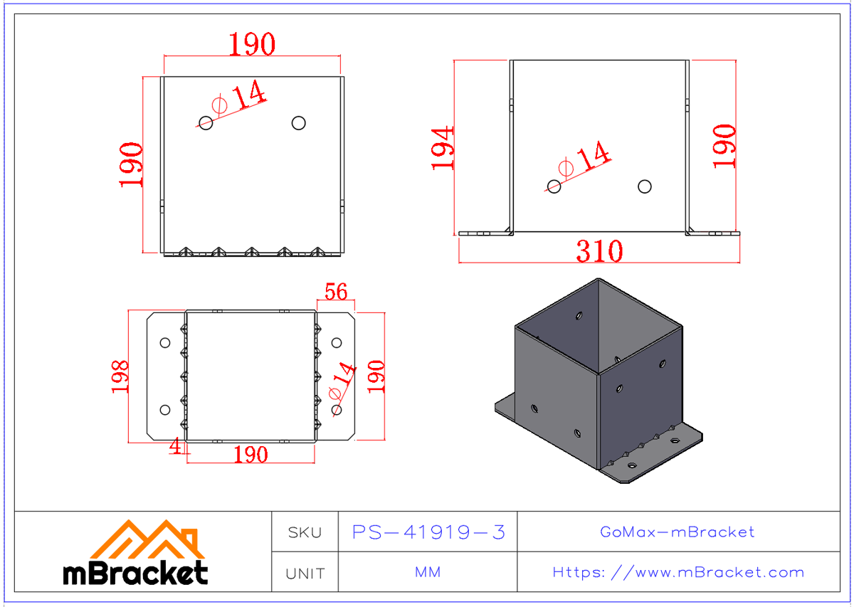 Square Post Base Connector 190x190 Column Base Concrete Foundation Fastener - 4*190*190*190 Product Dimensions