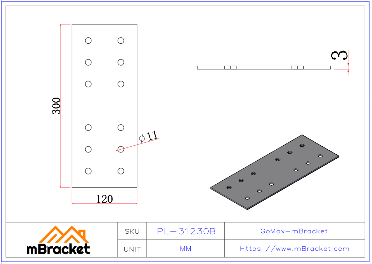 Flat Connector Nail Plate Truss Connector Wood Roof Metal Connector - 3*120*300 Product Dimensions