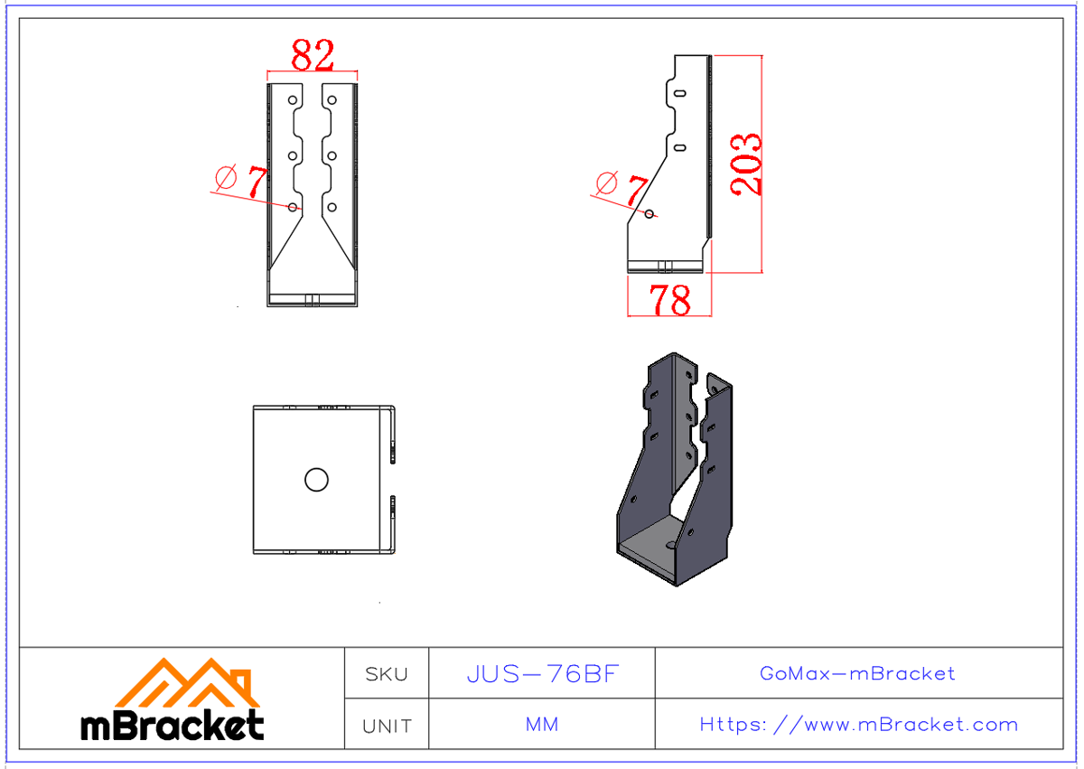 Heavy-Duty Uplift Restraint Fastener Wind and Seismic Connector - 2*82*203 Product Dimensions