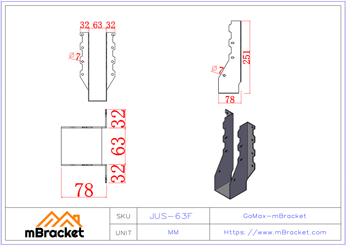 Joist Hanger U-Bracket Wood House Accessories Large Joist Hanger - 2*63*249 Product Dimensions