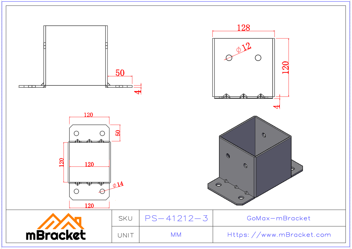 Square Post Base Connector, Column Base, Flared Post Base - 4*120*120*120 Product Dimensions