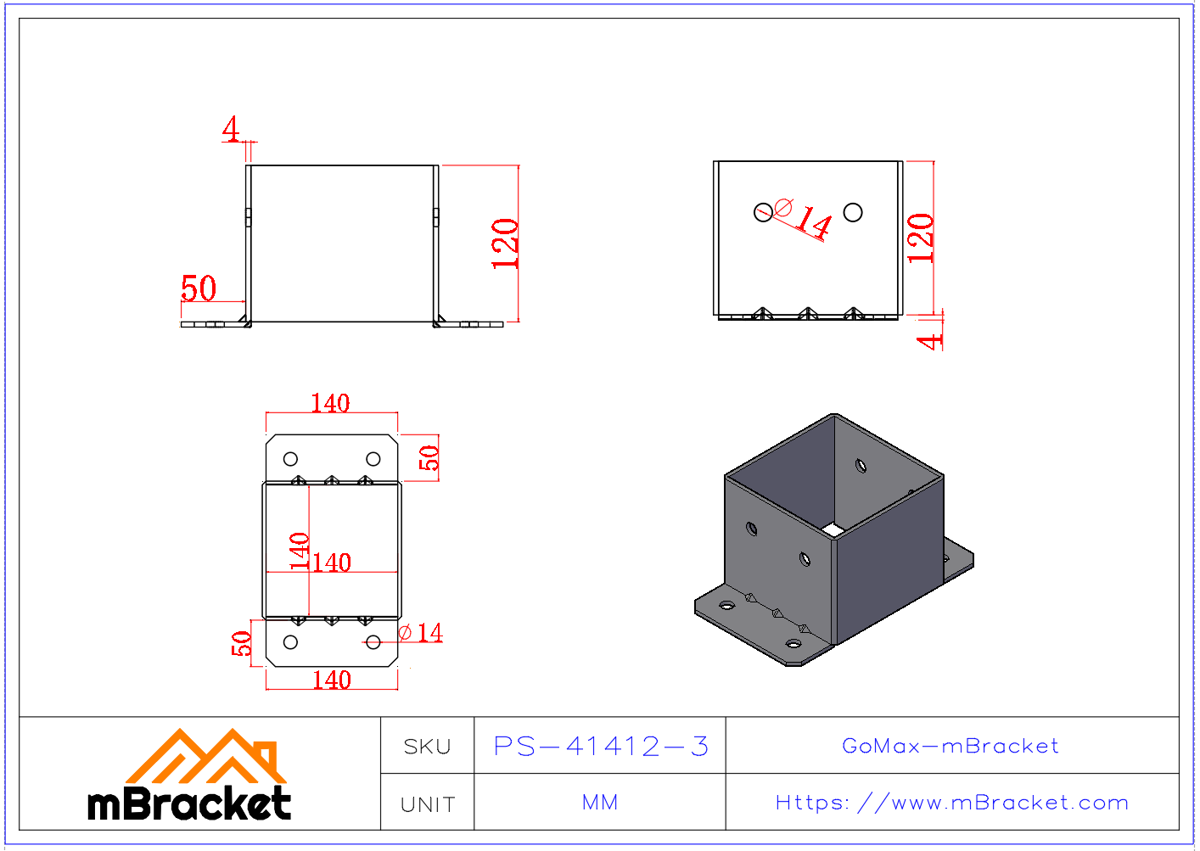 Square Post Base Column Cap Sleeve Connector - 4*140*140*120 Product Dimensions