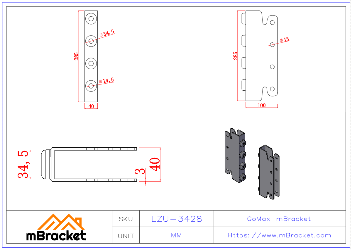 Beam-to-Column U-Shaped Concealed Connector, Japanese Style Beam-Column Connector - 3*40*285*100 Product Dimensions