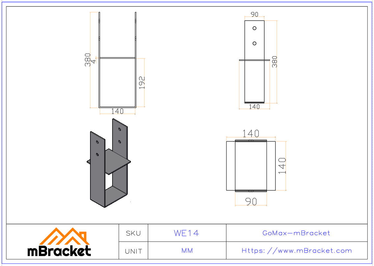 Fixed Column Base Embedment for Timber Frame Villa Metal Connector - 4.0*140*380 Product Dimensions