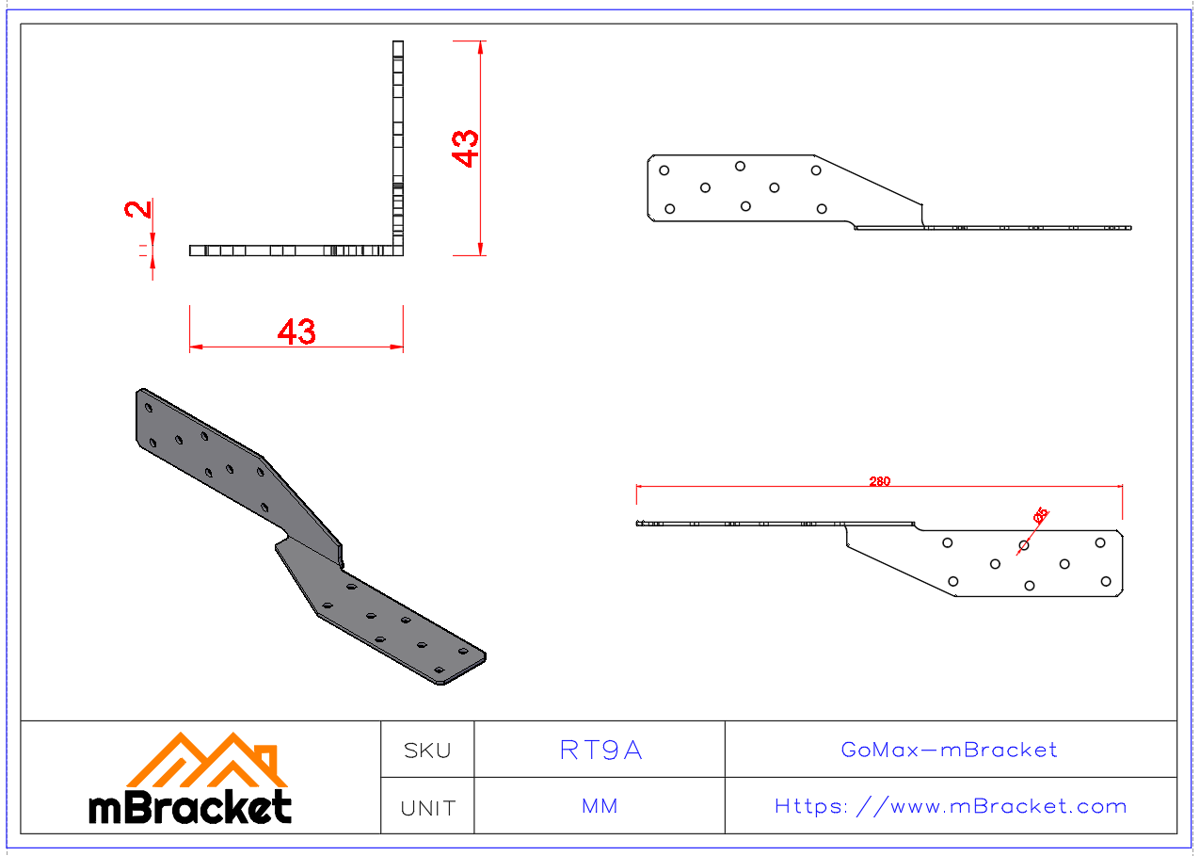 Extended Hurricane Tie, Rotating Wind-Resistant Connector for Wood and Light Steel Structures - 2*42*280 Product Dimensions