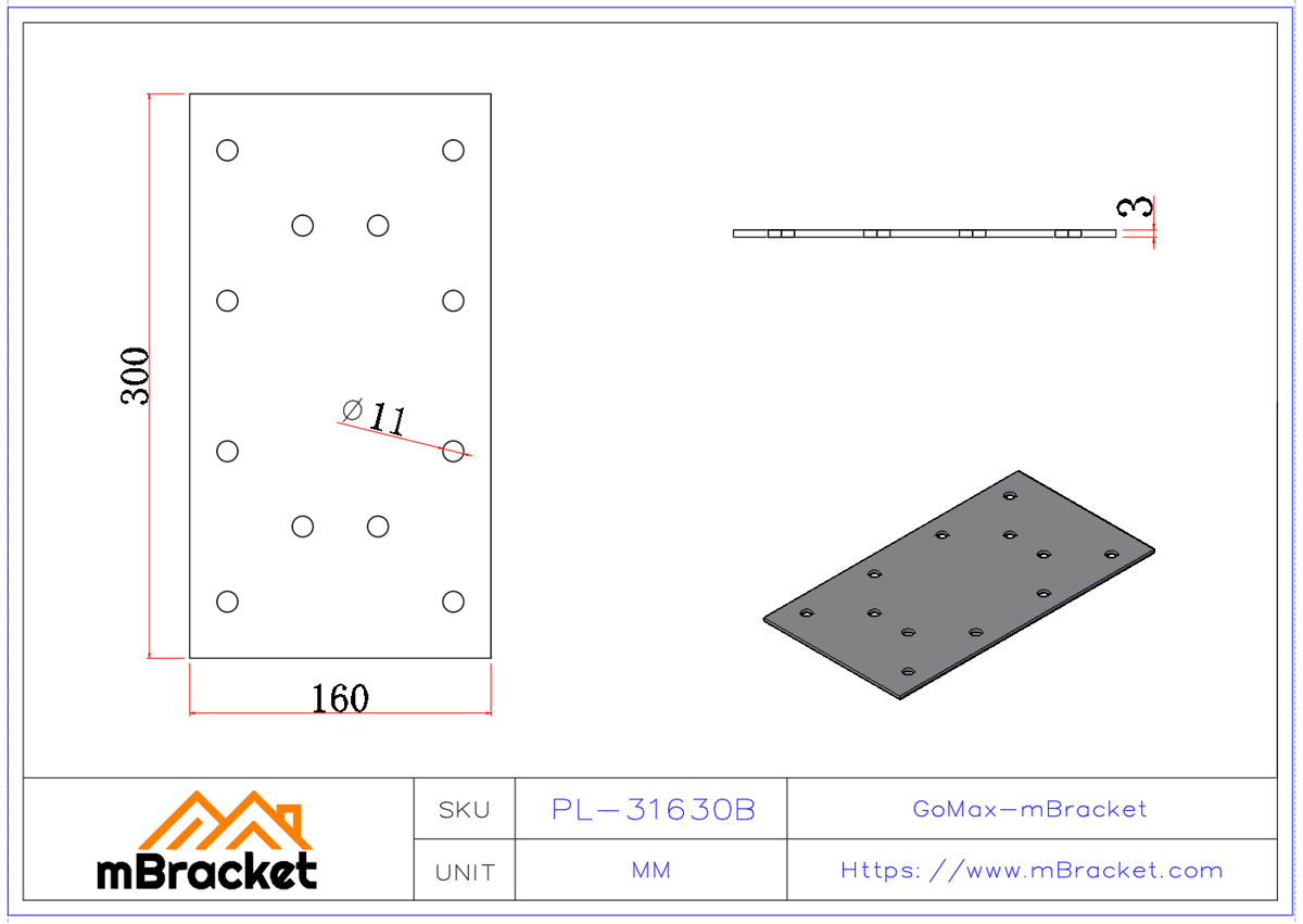 Flat Connector Plate, Nail Plate, Truss Connector, Timber Roof Metal Fittings - 3*160*300 Product Dimensions