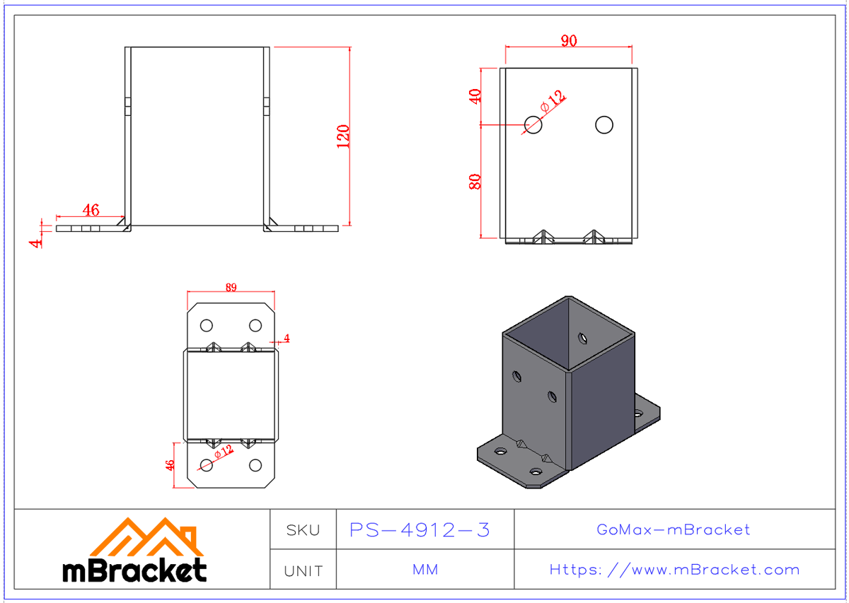 Square Post Base Connector Post Base Railing Post Anchor - 4*90*90*120 Product Dimensions